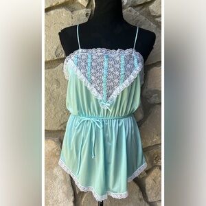 Vintage Texsheen Pajamas Romper S/M Blue Satin Lace Trim‎ Nylon Excellent